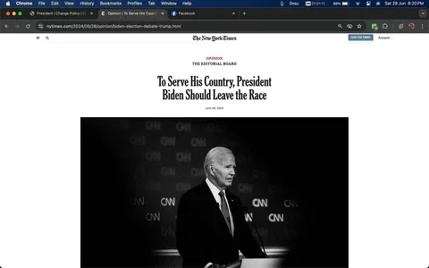 1) This image is a screenshot from an article on The New York Times website. The headline reads, "To Serve His Country, President Biden Should Leave the Race," dated June 28, 2024. Below this, there is a black and white photograph featuring President Biden at what appears to be a political event or debate. He is standing behind a podium, wearing a dark suit and tie. The background prominently displays the CNN logo, suggesting a televised event or debate hosted by the network. The focus on President Biden conveys a serious and contemplative mood, possibly reflecting the gravity of the article's subject. The image is framed in a way that highlights President Biden's presence and expression during the event, with lighting emphasizing his features against the dark backdrop.
2) On-screen text block:
- Title: "To Serve His Country, President Biden Should Leave the Race"
- Site / app: "The New York Times"