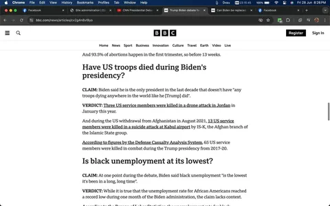 The screenshot depicts an article from the BBC News website, focusing on fact-checking claims about U.S. troop casualties and unemployment rates during Joe Biden's presidency. The headline "Have US troops died during Biden's presidency?" introduces the topic, followed by a claim attributed to Biden, stating that he is the only president in the last decade without troop casualties. The verdict counters this by referencing casualties in Jordan and during the Afghanistan withdrawal, specifying incidents and providing figures from the Defense Casualty Analysis System.
Another section addresses a claim about black unemployment rates, mentioning Biden’s assertion that the rates are the lowest in a long time. The article contends that while a record low was recorded during Biden's term, the statement requires more context. The page's layout is typical for a news article, with structured sections and hyperlinks. The browser interface is visible at the top, indicating tabs for Facebook and CNN among others, suggesting a user actively browsing multiple sources. The screenshot captures a moment where news, leadership, and economic claims are being scrutinized and analyzed, reflecting the media's role in political discourse.
- Title: "Have US troops died during Biden's presidency?"
- Site / app: "BBC News"