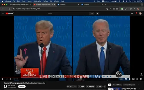 The image is a screenshot of a YouTube video featuring a split-screen view of Trump and Biden during a presidential debate hosted by ABC News. On the left side, Trump is speaking, gesturing with his hand. He is wearing a dark suit, white shirt, and red tie. The background is blue with some text barely visible. On the right, Biden is also present, wearing a dark suit, white shirt, and a blue tie. The setting is formal, with both individuals standing behind podiums, each with a microphone. The video title, "Biden and Trump speak on institutional racism in America," is prominently displayed below the video. The channel is identified as ABC News. The lower part of the screen reads "RACE IN AMERICA" and "PRESIDENTIAL DEBATE," indicating the topic of discussion. The screenshot captures a moment of intense discussion on a significant issue.