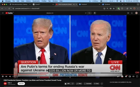 The image is a screenshot from a YouTube video titled "CNN Presidential Debate: President Joe Biden and former President Donald Trump." It features a split-screen view of Trump and Biden during a debate broadcast by CNN. On the left, Trump is wearing a dark suit with a white shirt and a red tie, speaking into a microphone with a serious expression. On the right, Biden is in a dark suit with a white shirt and blue tie, listening intently with a focused demeanor. The background for both is a blue screen with the CNN logo repeatedly patterned.
The screenshot includes on-screen text indicating a question about Putin's terms for ending Russia's war against Ukraine, with part of the question obscured. The video appears to be live, indicated by the labels "LIVE" and the timestamp "6:32 PM PT." The interface shows that live chat replay is not available for this video. The YouTube page displays the CNN channel, with video options like share and download visible. The screenshot captures a significant moment in the debate, highlighting the prominent political figures and the critical global issue being discussed.