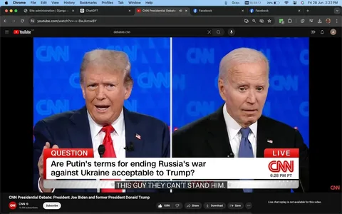 In this screenshot, the scene depicts a split-screen broadcast featuring President Joe Biden and former President Donald Trump during a CNN Presidential Debate. The image is from a video on YouTube, titled "CNN Presidential Debate: President Joe Biden and former President Donald Trump," and is published by CNN. The setting is a studio with a backdrop featuring the CNN logo in blue, providing a formal and professional atmosphere typical of a televised political debate.
On the left side, Donald Trump is shown speaking, wearing a dark suit with a white shirt and a bright red tie. His expression is animated, suggesting he is making a point during the discussion. On the right side, Joe Biden is shown, also in a dark suit, but with a white shirt and a blue tie. Biden's expression is more contemplative, indicating he is listening or preparing to respond.
The on-screen text at the bottom presents a question: "Are Putin's terms for ending Russia's war against Ukraine acceptable to Trump?" This suggests the debate topic revolves around international relations and the conflict in Ukraine. The "LIVE" marker and timestamp of "6:28 PM PT" indicate the real-time nature of the event. Subtitles at the bottom read, "THIS GUY THEY CAN'T STAND HIM," capturing a moment of spoken dialogue, though its context is unclear without additional audio. Overall, the image captures a significant moment in a political debate, highlighting the contrasting expressions and attire of the two figures involved.