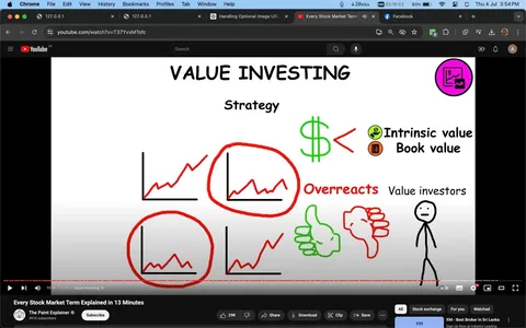 The image is a screenshot from a YouTube video titled "Every Stock Market Term Explained in 13 Minutes" by the channel "The Paint Explainer." The scene is an educational illustration on value investing, showing a simplified visual explanation. The screen displays hand-drawn graphs with fluctuating lines, suggesting stock price movements, circled in red. To the right, there are symbols representing financial concepts: a green dollar sign next to the words "Intrinsic value" and "Book value," indicating these are greater than the current price. Below, the words "Overreacts" and "Value investors" are written, with thumbs up and down illustrations, and a stick figure portraying a neutral expression. The style is informal and cartoonish, with bold colors and simple drawings, aiming to convey investment strategies in an accessible way. The browser interface is visible, confirming it is a YouTube page.