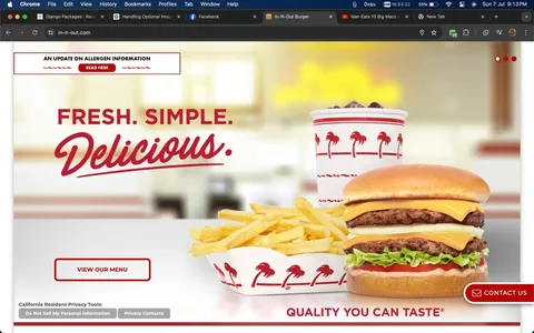 The image is a screenshot from the In-N-Out Burger website, showcasing a promotional advertisement. The central theme is simplicity and taste, conveyed through the slogan "FRESH. SIMPLE. Delicious." prominently displayed in bold red font against a blurred background, likely depicting an interior of one of their restaurants. In the foreground, there is a classic In-N-Out meal consisting of a double cheeseburger, a serving of fries, and a soft drink cup, all featuring the brand's iconic red palm tree design.
The burger appears freshly made with two beef patties, cheese, lettuce, and sauce, served in a soft bun. The fries are presented in a container also adorned with palm trees, reinforcing the brand's identity. Below the main text, there is an option to "View Our Menu" in a clickable red button format. The lower part of the image includes legal information about privacy tools for California residents. The overall design uses a clean and vibrant aesthetic to appeal to customers, emphasizing quality and taste.
- Title: "FRESH. SIMPLE. Delicious."
- Site / app: "in-n-out.com"