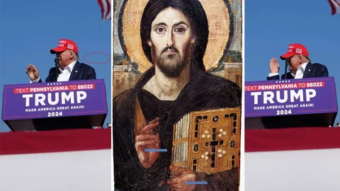 In the composite image, the first and third panels feature Donald Trump at a political rally. He is wearing a red "Make America Great Again" cap and a dark suit with a white shirt. Trump is standing behind a podium with a purple sign that reads "TEXT PENNSYLVANIA TO 88022 TRUMP MAKE AMERICA GREAT AGAIN! 2024." The setting is outdoors, with a clear blue sky and an American flag partially visible in the background. His gestures suggest he is speaking passionately to an audience.
The middle panel is a classic iconographic painting of Jesus Christ, known for its historical and religious significance. The figure has long dark hair and a beard, holding a book in one hand and making a gesture with the other. The background is a muted gold, typical of religious iconography.
The juxtaposition of these images may suggest a comparison or commentary on public figures and their perceived influence or symbolism. The composition highlights contrasts in style and purpose between a political rally and religious artwork.