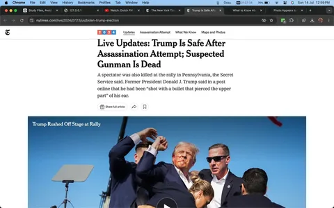 ```
1) Rich description (8–12 sentences): The image shows a dramatic scene at a rally where Donald Trump is being hurriedly escorted off stage by security personnel. Donald Trump appears in the center of the image with a concerned expression, showing a visible injury on his face. He is flanked by men in dark suits, one of whom is identified as Sean Curran, providing security. The scene is set against a clear blue sky, indicating an outdoor rally. The lighting is bright and natural, emphasizing the urgency and seriousness of the situation. Several people surround Trump, illustrating a tense and protective atmosphere. In the background, a teleprompter is visible, suggesting an organized event disrupted by the incident. The headline and accompanying article describe an assassination attempt with the suspected gunman reportedly dead. The image captures a moment of high alert and rapid response as Trump's security team acts swiftly to ensure his safety.
2) On-screen text block:
- Title: "Live Updates: Trump Is Safe After Assassination Attempt; Suspected Gunman Is Dead"
- Site / app: "The New York Times"