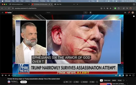 The image is a screenshot from a YouTube video titled "Former US Army sniper on Trump assassination attempt: 'One of the easiest shots'." It features a split-screen setup, typical of a news broadcast. On the left side of the screen, there's a man with a beard, wearing a beige blazer and a white shirt. He appears to be in a studio, possibly participating in an interview or discussion. On the right side of the screen, there's a close-up image of Donald Trump with a notable red mark on his face, which looks like a wound or blood. This image is likely edited or dramatized for effect, considering the sensational headline.
Below, the Fox News logo is visible, along with the prominent headline text: "TRUMP NARROWLY SURVIVES ASSASSINATION ATTEMPT" displayed on the news ticker. The subtitle in the center reads "EPHESIANS SIX THE ARMOR OF GOD OVER T," suggesting a religious reference. The colors are vibrant, with blues and reds dominating the screen, aligning with the typical Fox News branding. The setting is a news studio environment, emphasizing a serious and urgent tone.
- Title: "Former US Army sniper on Trump assassination attempt: 'One of the easiest shots'"
- Channel / profile: "Fox News"
- Site / app: "YouTube"
- Captions / subtitles: "EPHESIANS SIX THE ARMOR OF GOD OVER T"