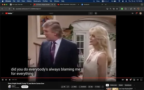 A screenshot from a YouTube video titled "Every Single Donald Trump TV and Movie Cameo Ever," posted by the channel "Mark F," captures a scene featuring Donald Trump. In this indoor setting, Donald Trump is seen standing alongside a woman with long blonde hair. The living room setting includes elements like a staircase in the background, a painting on the wall, and a potted plant, creating a homey atmosphere. Trump is dressed in a suit with a tie, while the woman wears a sleeveless top. The scene appears to involve a conversation, as conveyed by the captions reading, "did you do everybody's always blaming me for everything." The mood seems casual and conversational, reflected in their postures and expressions. The lighting is warm and inviting, typical of a sit-com or TV show scene. This cameo is part of a compilation showcasing Donald Trump's various appearances across TV and film.
- Title: "Every Single Donald Trump TV and Movie Cameo Ever"
- Channel / profile: "Mark F"
- Site / app: "YouTube"
- Captions / subtitles: "did you do everybody's always blaming me for everything"