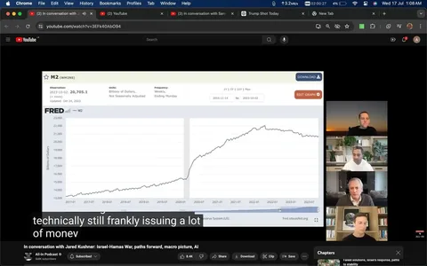 This screenshot is from a YouTube video titled "In conversation with Jared Kushner: Israel-Hamas War, paths forward, macro picture, AI" on the "All-In Podcast" channel. The video features an online discussion with multiple participants. On the left side of the screen, a graph from the Federal Reserve Economic Data (FRED) website is displayed, showing the M2 money supply from 2016 to 2023. The observation date is October 2, 2023, with a value of 20,705.1 billion dollars. The graph depicts a general increase over the years, with some fluctuations.
In the lower right portion of the screen, there are four video feeds showing different participants in the conversation. The participants are casually dressed and seem engaged, likely discussing economic or financial topics, suggested by the graph and subtitle mentioning "issuing a lot of money." The setting appears to be an indoor virtual meeting, with each participant in their own environment, visible through their respective webcams. The lighting is soft, and the backgrounds vary, with bookshelves and indoor plants visible. The mood appears focused and serious, in line with the economic discussion at hand.
- Title: "In conversation with Jared Kushner: Israel-Hamas War, paths forward, macro picture, AI"
- Channel / profile: "All-In Podcast"
- Site / app: "YouTube"
- Captions / subtitles: "technically still frankly issuing a lot of money"