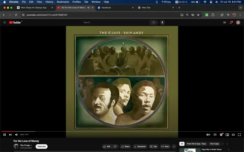 The image is a screenshot from a YouTube video titled "For the Love of Money" by The O'Jays. Featured prominently is the album cover for "Ship Ahoy" by The O'Jays. The artwork is divided into two sections, with the upper half depicting a group of people, possibly conveying a sense of unity or struggle. The lower half features illustrated portraits of three men, likely representing members of The O'Jays, rendered in a stylized manner. The colors are muted and earthy, with shades of green, brown, and gold. This artistic style gives a vintage feel, aligning with the era of the album's release. The YouTube interface is visible, showing controls and options below the video. The channel "The O'Jays" is noted, with 416K subscribers and a significant number of likes on the video indicating its popularity. This album and song are iconic within the soul and R&B genres.
- Title: "For the Love of Money"
- Channel / profile: "The O'Jays"
- Site / app: "YouTube"
- Key OCR lines: "The O'Jays - Ship Ahoy"