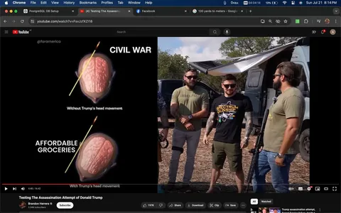 The screenshot shows a YouTube video titled "Testing The Assassination Attempt of Donald Trump" from the channel Brandon Herrera. This outdoor scene features four individuals standing together beside a vehicle with an extended awning. They appear to be discussing or preparing for an activity. One person is wearing a green t-shirt with the word "Demolition" on it, while another sports a "Spectrum Gunship" t-shirt, indicating a possible military or tactical theme. They are casually dressed, with two of them wearing sunglasses, creating a relaxed but focused mood.
In the left part of the image, there is a diagram with two illustrations of a brain, each pierced by an arrow. The top illustration is labeled "CIVIL WAR" with the text "Without Trump's head movement" beneath it, while the bottom says "AFFORDABLE GROCERIES" with "With Trump's head movement." This implies a humorous or satirical take on political topics, possibly related to the video's theme. The lighting is bright, suggesting a daytime setting. The composition combines the diagram with the group of people, creating a juxtaposition of serious and lighthearted elements.