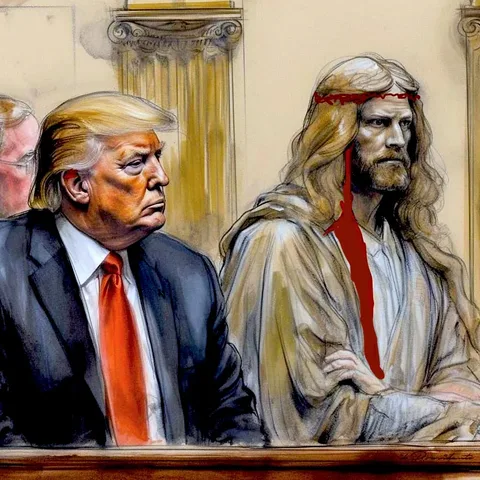 The illustration depicts Donald Trump seated in a courtroom setting. The scene is artistically rendered, resembling a courtroom sketch. Donald Trump is sitting in the foreground, wearing a dark suit with a white shirt and a bright red tie. His expression appears serious and attentive as he looks forward. Beside him is a figure dressed in robes, reminiscent of traditional depictions of Jesus, complete with long hair and a crown of thorns. The background features classic courtroom elements like wooden paneling and columns, adding to the authenticity of the setting. The style is painterly, with brushstroke textures and a muted color palette, emphasizing the solemn atmosphere of a courtroom. The composition suggests a juxtaposition of historical and contemporary figures, creating a thought-provoking visual narrative.