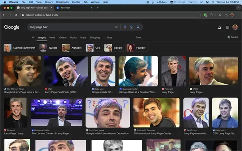 In this image, a Google Chrome browser window displays the search results for "larry page hair." The search results are populated with several images of Lawrence Page, showcasing different hairstyles and moments from various events. Lawrence Page appears mostly in formal attire, often smiling or speaking into a microphone, suggesting public appearances or interviews. The images include familiar settings like conferences, panel discussions, and candid moments, depicting him in both professional and relaxed environments. The background of the Google search page is typical, featuring the search bar at the top and options to filter results by categories like "Images," "Videos," and "News." The browser tab is titled "larry page hair - Google Search," and the top toolbar shows options like "File," "Edit," and "View," common in a macOS interface. This screenshot captures a moment of someone exploring different looks and public appearances of Lawrence Page through Google's search engine.