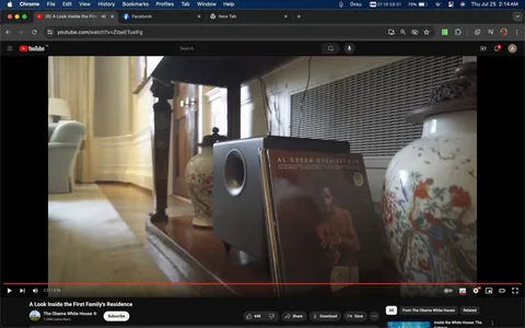 The screenshot is from a YouTube video titled "A Look Inside the First Family's Residence," published by "The Obama White House" channel. The focus of the image is on a small section of an interior space, likely part of the residence of former President Obama. Prominently displayed is the "Al Green-Greatest Hits" album, leaning against a speaker. The album cover features a photo of Al Green, adding a musical and personal touch to the room.
The setting includes a polished wooden surface on which the album and a decorative vase are placed, indicating a blend of modern and classic decor. The background reveals part of a sophisticated living area, with a plush chair and elegant wall paneling, suggesting a warm and inviting atmosphere. The overall lighting is soft, creating a serene and comfortable mood.
- Title: "A Look Inside the First Family's Residence"
- Channel / profile: "The Obama White House"
- Site / app: "YouTube"