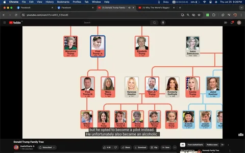 This image is a screenshot from a YouTube video titled "Donald Trump Family Tree" on the channel "UsefulCharts." The screenshot presents a family tree diagram that outlines the relationships among members of the Trump family. The tree includes photographs and names of family members, with birth years indicated. Notably, the diagram shows Ivana Zelníčková, along with other family members such as Fred Trump Jr., Mary Trump, and Fred Trump III. The diagram is structured with lines connecting family members to illustrate their relationships.
The background of the image is a light beige color, with the family members' names and photos in red and blue-bordered boxes. The subtitles at the bottom mention Fred Trump Jr.'s career as a pilot and his struggle with alcoholism. The visual style is clean and organized, typical of educational charts designed to convey genealogical information clearly. The screenshot also shows the YouTube interface, including the video’s play bar, view count, and subscribe button.