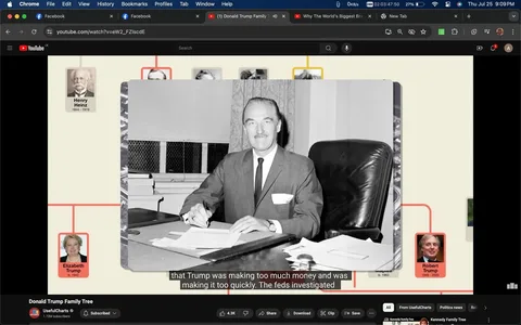 The image is a screenshot from a YouTube video titled "Donald Trump Family Tree" on the channel UsefulCharts. It includes an archival black and white photograph of a man, identified by the hint as Fred Trump, seated at a desk. Fred Trump is wearing a suit and tie, holding a pen in one hand, suggesting he is engaged in paperwork. The background features a curtain and a window. The image is overlaid on a family tree graphic, where names like Henry Heinz, Elizabeth Trump, and Robert Trump are visible, indicating connections in the family lineage.
At the top, the browser tabs reveal it is displayed on YouTube with other tabs open such as Facebook. The video has a subtitle line, "that Trump was making too much money and was making it too quickly. The feds investigated," providing context for what might be a narrative about Fred Trump's business activities. The interface elements like the video title, channel name, and interaction buttons are visible, denoting typical YouTube user interface features.