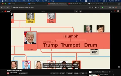 The image is a screenshot from a YouTube video titled "Donald Trump Family Tree" by the channel "UsefulCharts." It features a segment of a family tree diagram focusing on Donald J. Trump and his lineage. The diagram is color-coded in shades of red and orange, and it includes photos and names of family members. Donald J. Trump's section is prominently displayed with a photograph of him, highlighting his birth year as 1946. Above his name, the diagram explores etymological variations like "Triumph," "Trumpet," and "Drum."
To the left, the names Mary Anne McLeod and John Trump are visible, likely representing his parents. To the right is Melania Knavs, marked with her birth year, 1970. The background is a neutral beige, emphasizing the colored segments that link family members. The lower part of the image includes smaller photos and names of other family members, such as Jared Kushner and Lara Trump, indicating relationships through marriage.
On-screen captions provide historical context to the name "triumph," referring to its Roman origins as a victory parade. The video appears to be educational, aiming to explain the genealogy and historical significance of the Trump family name.
- Title: "Donald Trump Family Tree"
- Channel / profile: "UsefulCharts"
- Site / app: "YouTube"
- Captions / subtitles: "the word 'triumph' which, in Roman times, referred to a special type of victory parade."
