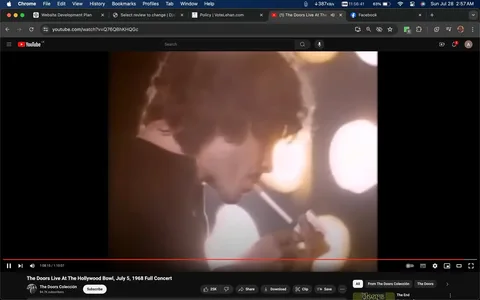 The image is a video frame from a YouTube video titled "The Doors Live At The Hollywood Bowl, July 5, 1968 Full Concert," on the channel The Doors Colección. It captures a close-up of a musician, presumably from the band The Doors, lighting a cigarette. The setting suggests a live performance with bright, circular stage lights visible in the blurred background. The lighting creates a warm ambiance, highlighting the musician's profile as they focus on lighting the cigarette. Their attire is dark, typical of classic rock performance styles of the 1960s. The mood of the scene conveys a moment of calm or contemplation amid the concert's intensity. The video frame is part of a full concert recording, showcasing the historic performance by The Doors at the Hollywood Bowl.
- Title: "The Doors Live At The Hollywood Bowl, July 5, 1968 Full Concert"
- Channel / profile: "The Doors Colección"
- Site / app: "YouTube"