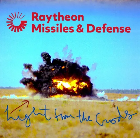 The image features a dramatic outdoor scene with a large explosion in the center, set against a clear blue sky and a grassy field in the background. The explosion emits bright flames and thick clouds of black smoke, capturing a moment of intense energy. In the upper part of the image, the text "Raytheon Missiles & Defense" is prominently displayed in red, with a logo on the left. This branding suggests a connection to military or defense initiatives. Below the explosion, the text "Hight from the Croods" is written in a handwritten-style blue font, creating an interesting juxtaposition between the serious nature of the explosion and the reference to "The Croods," an animated film. This combination of elements possibly implies a thematic or metaphorical link between the concepts of defense and animation, though the exact context remains open to interpretation. The overall composition effectively contrasts the harshness of the explosion with the playful typography associated with animation.