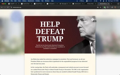 1) Rich description:
The image is a screenshot from the website democrats.org. It prominently features a political message against a deep red background. The text "HELP DEFEAT TRUMP" is displayed in large, bold white letters, capturing immediate attention. Below this, in smaller text, it states that the message is paid for by the Democratic National Committee. The text clarifies that it is not authorized by any candidate or candidate's committee. On the right side, a grayscale photo of a man, identified by the hint as Trump, is shown in profile, lending a serious tone to the image. The overall composition is clean, focusing on the political call to action. The website appears to be advocating for political engagement, particularly in opposition to Trump, as part of a campaign effort. This screenshot likely seeks to rally support or donations for the Democratic Party’s initiatives.
2) On-screen text block:
- Title: "HELP DEFEAT TRUMP"
- Site / app: "democrats.org"