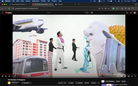 ```
The video frame is from a YouTube video titled "The Evolution of Singapore" on the Wah!Banana channel. It showcases a collage of iconic symbols of Singapore, capturing a vibrant and busy scene. In the foreground, several individuals are dressed in formal attire, with one person notably wearing a white suit and a purple floral lei, suggesting a celebratory or formal occasion.
In the background, various symbolic elements of Singapore are visible. A Singapore Airlines plane is prominently flying, symbolizing the country's renowned airline industry. Adjacent to this, a depiction of a traditional Housing and Development Board (HDB) block represents the urban residential landscape. In the center, the Merlion statue—a national icon of Singapore—is illustrated with its characteristic water spout, adding a touch of national pride. Next to it, the Marina Bay Sands building is visible, another architectural marvel associated with Singapore’s modern skyline. A durian, a widely recognized fruit in Southeast Asia, adds a cultural touch. The MRT train at the bottom signifies Singapore's efficient public transport system.
The overall composition is colorful and dynamic, reflecting Singapore’s blend of tradition and modernity.