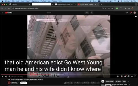 The image is a frame from a YouTube video titled "Jeff Bezos: 'Nerd of the Amazon' | 60 Minutes Archive." The channel is 60 Minutes, a well-known program from CBS. The frame shows a reflective urban scene, with an overlay of a man's face, who the hint identifies as Jeff Bezos. This reflection appears on a building's glass facade, creating an intriguing visual effect. The scene is likely captured from a segment of a documentary or interview.
In the background, tall modern buildings suggest a cityscape. The lighting is neutral, emphasizing the reflective surfaces. The video seems to explore themes related to business and technology, with Jeff Bezos possibly discussing topics pertinent to Amazon and its origins. The subtitles in this frame read, "that old American edict Go West Young man he and his wife didn't know where," indicating a narrative about ambition and exploration. Subtitles are in a large, clear font at the bottom of the frame, aiding in readability.