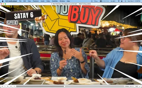 ```
The image is a frame from a video titled "We Tried ALL The Satay at Lau Pa Sat! | Wah! To Buy" showcased on the VLC media player. The video features a trio of individuals, associated with the channel WahBanana, engaged in a food tasting session. They are sitting at a table filled with satay skewers and dipping sauces. A woman in the center, wearing a blue patterned shirt, appears to be savoring the satay, with a content expression on her face as she holds a skewer. The person on the right, dressed in a light blue shirt, is conversing with her, and a person on the left, wearing a dark jacket over a white shirt, is also partaking in the tasting. The background is lively with a bustling night market atmosphere, evident from the crowd and fairy lights.
Graphic elements like "SATAY 6" and "PLATE C" along with a cow illustration add a playful touch to the scene, typical of engaging food review content. The lighting is warm, enhancing the convivial and appetizing ambiance. The setting is indoors, likely at a popular hawker center, reflecting the vibrant street food culture. This scene is a part of WahBanana’s content, contributing to their exploration of local delicacies.