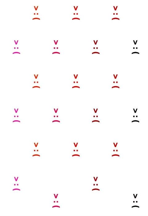 The image features a pattern composed of the AngryPages™ logo, arranged in a neat, matrix-like design. The logos are placed evenly across the canvas, each consisting of a simple face with a "V" shape above two dots and a curved line, suggesting an expression of anger. The logos are presented in various complementary colors, including shades of red, pink, and black, which create a visually appealing and dynamic pattern against the white background. This arrangement provides a sense of uniformity and order while maintaining a playful, abstract quality. The use of complementary colors adds depth and contrast to the design, making each logo stand out individually while also contributing to the overall harmony of the pattern. The illustration is characterized by its clean lines and minimalistic style, typical of modern logo designs, emphasizing the distinct identity of the AngryPages™ brand.