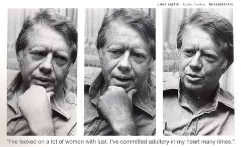 President Jimmy Carter is featured in a series of black and white photographs taken by Ken Hawkins in November 1976. The images capture him in a candid and reflective mood, suggesting an intimate interview setting. Each photo shows him from a slightly different angle, all within a close-up frame that emphasizes his thoughtful expressions. He is dressed in a casual shirt, and his hand is positioned near his face, adding to the contemplative ambiance.

The photographs are laid out in a triptych format, enhancing the sense of continuity and depth of emotion. The lighting is soft, casting gentle shadows that highlight his facial features and create a somber atmosphere. The background appears to be indoors, possibly in a home or office setting, but remains unobtrusive to keep the focus on President Carter.

Accompanying the images is a quote, adding depth to the visual narrative: "I've looked on a lot of women with lust. I've committed adultery in my heart many times." This text reflects a moment of personal confession, contributing to the overall theme of introspection conveyed in the photos.

- Title: "Jimmy Carter By Ken Hawkins November 1976"
- Captions / subtitles: "\"I've looked on a lot of women with lust. I've committed adultery in my heart many times.\""