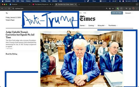 In a courtroom setting, a prominent individual is seated at a table, flanked by two others. The individual, wearing a blue suit and a yellow tie, has a serious expression, suggesting a tense atmosphere. The background features wooden benches and several people, including security personnel, indicating a formal legal proceeding. The visible text above the image indicates that a judge has upheld a conviction related to this individual, with no jail time expected. The article is from The New York Times, dated January 3, 2025, and discusses ongoing legal matters. The surrounding posts reflect personal sentiments and connections to notable figures, emphasizing a sense of community and support.