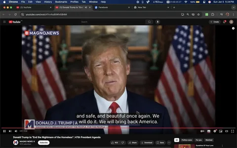 In the image, an unidentified adult male is speaking directly to the camera, conveying a message about making America safe and beautiful again. He has light-colored hair and is wearing a dark suit with a white shirt and a red tie. Behind him, two American flags are prominently displayed, adding a patriotic backdrop to the scene. The setting appears to be indoors, with a wooden panel and a decorative object visible in the background. The text overlay indicates that this is a segment from MAGNO NEWS, and the subtitles provide context to his speech. The overall tone suggests a political message aimed at an audience concerned with national issues.