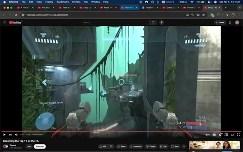 The image displays a screenshot from a video game, specifically from a first-person shooter. The setting appears to be a futuristic environment with a mix of natural and artificial elements. 

1. **Game Interface**: 
   - The top left corner shows a HUD (Heads-Up Display) with a pistol icon and a count of 48 bullets. 
   - There are several bars or indicators, likely representing health or ammo status.
   - The player’s name, "TayluR," is displayed, indicating they have achieved a kill, as noted by the text "killed Janie."

2. **Environment**: 
   - The background features a mix of concrete structures and greenery, suggesting an overgrown, abandoned area.
   - There are vines hanging down from the structures, and the color palette includes shades of green and gray, with a bright turquoise hue in the background, possibly indicating water or a sky effect.
   - The structures have a sleek, modern design with sharp angles and surfaces, typical of sci-fi aesthetics.

3. **Player’s View**: 
   - The player appears to be aiming at a target in the distance, indicated by a crosshair in the center of the screen.
   - The distance to the target is shown as 25 meters, suggesting a tactical gameplay element.

4. **Additional Elements**: 
   - There are two pistols visible at the bottom of the screen, indicating the player’s current weapon selection.
   - The right side of the screen shows another player’s name, "BnB Hill," along with their score, which reads 74 points and 26 kills.

5. **Video Player Interface**: 
   - The bottom of the image shows the YouTube video player interface, including options to play, pause, share, and download the video.
   - There are also visible icons for subscribing to the channel, which is named "Tylenul," and the subscriber count is noted as 5.11K.

6. **Overall Composition**: 
   - The image is framed to focus on the gameplay, with the HUD elements clearly visible, providing a comprehensive view of the player's current status in the game.

This description captures the observable details without speculation or interpretation, focusing solely on the visual elements present in the image.