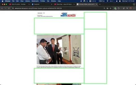 The image features a webpage from the Daily Mirror, dated April 2, 2023, displaying an article about a Chinese Zodiac culture exhibition. The headline reads "Chinese Zodiac culture exhibition" prominently at the top. Below the headline, there is a timestamp indicating the article was published at 6:41 PM, along with a view count of 480.

The main visual content includes a photograph of three men engaged in conversation. The man on the left is wearing a white dress shirt with a dark tie and appears to be holding a small object, possibly a brochure or pamphlet. He has short, dark hair and is looking attentively at the man in the center. The man in the center is dressed in a black suit with a white shirt and a red tie. He has short, neatly styled hair and is looking towards the man on the left. The third man, on the right, is wearing a black suit with a white shirt and appears to be observing the interaction between the other two men. 

In the background, there are two large banners or scrolls displayed on the wall, featuring Chinese characters and illustrations related to the Chinese Zodiac. The setting appears to be an exhibition space, likely within a cultural center, given the context of the event. The walls are white, and the overall atmosphere seems formal and focused on cultural appreciation.

The article also includes a brief description of the event, noting that it was held at the China Cultural Center in Colombo, Sri Lanka, and mentions W. P. Senadhira as the Secretary to the Ministry of Buddhasasana, Religious and Cultural Affairs, as the chief guest. The ambassador of China to Sri Lanka, Qi Zhenhong, is also mentioned as participating in the event.

On the right side of the webpage, there is a trending news section with various headlines, including updates on local incidents and events. The weather in Colombo is noted as 28°C. The overall layout of the webpage includes navigation links at the top, a subscription prompt, and sections for news categories. 

The image captures a moment of cultural engagement, highlighting the significance of the Chinese Zodiac in the context of the exhibition.