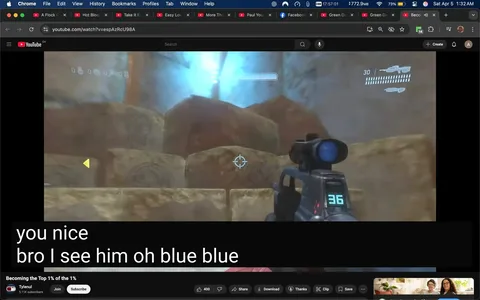 The image displays a scene from a video game, likely a first-person shooter, given the context and the visible interface elements. The screen shows a character holding a weapon, which appears to be a futuristic firearm, equipped with a scope. The weapon has a digital display showing the number "36," possibly indicating ammunition or health status. 

In the background, there are large, textured rocks or boulders, suggesting a rugged environment, possibly a cave or ruins. The lighting is dramatic, with a bright blue light emanating from the upper left, creating a contrast against the darker tones of the rocks. This light source adds a sense of depth and atmosphere to the scene.

At the bottom of the screen, there is a user interface displaying various elements, including a health bar and ammunition count. The text overlay at the bottom reads, "you nice bro I see him oh blue blue," indicating a conversation or commentary related to the gameplay.

The video is being viewed on a YouTube interface, as indicated by the logo and the layout of the page. There are various tabs and browser elements visible at the top, including notifications and links to other videos. The user has a channel named "Tylenul" with 5.11K subscribers, and there are options to join, subscribe, share, download, and thank the creator.

Overall, the image captures a moment of gameplay, highlighting the character's perspective, the game's environment, and the interactive elements of the YouTube platform.