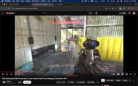 The image displays a screenshot from a YouTube video titled "Play every game like it's my last 🙏 cuz momma told me all dawgs go to heaven 😱🕊️" by a user named Tylenul, who has 5.23K subscribers. The video is currently at the timestamp of 3:48 out of a total duration of 17:54. 

In the foreground, there is a digital representation of a character holding a weapon, specifically a firearm with a scope. The weapon has a metallic finish and features a blue-tinted lens on the scope. The character's hand is partially visible, wearing a black glove. The weapon displays the number "24" on its side, possibly indicating a score or identifier within the game.

The background consists of a gaming environment that resembles an industrial or military setting. There are concrete walls with a light gray color, and the floor appears to be made of dark, textured material. To the right, there are yellow lockers or storage units, which are bright and stand out against the muted tones of the surroundings. 

In the middle ground, there are several stacked crates or containers, which add to the tactical layout of the environment. A digital HUD (Heads-Up Display) is visible, showing a blue circular indicator and a distance measurement of "25m," suggesting the character's proximity to an objective or enemy. 

The text overlay at the bottom of the image includes the username "Tylenul" and the number of subscribers, as well as options to like, share, download, and comment on the video. The interface elements are typical of YouTube, including the play/pause button, volume control, and video progress bar.

Overall, the image captures a moment from a first-person shooter video game, showcasing the character's perspective and the detailed environment designed for gameplay.