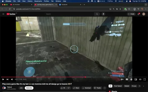 The image displays a screenshot from a YouTube video titled "Play every game like it's my last," featuring a user named "Tylenul" with 5.23K subscribers. The video appears to be a gameplay segment from a first-person shooter game, likely from the "Halo" series, given the visual elements.

In the foreground, there is a digital interface typical of video games. The screen shows a circular reticle in the center, indicating the player's aim. Below this, there is a blue circular icon labeled "25m," suggesting the distance to a target. The text "Picked up a Rocket Launcher" is displayed in green, indicating an in-game action. Additionally, the text "You killed Full Torva" is also visible, indicating a successful action against another player.

On the right side of the screen, there are icons representing weapons, with the instruction "Hold [button] to swap for" visible, indicating the player can change weapons. The player's current score is displayed in red, showing "TEAM SLAYER BR" with numbers "23" and "16," likely representing kills or points.

The setting appears to be an indoor environment with a textured floor that has a metallic appearance, possibly indicating a futuristic or industrial design. The walls are made of a light-colored material, possibly concrete or metal, with a vertical pattern. There is a hint of an outdoor area visible in the background, with a yellow structure that could be a door or an exit.

No people are visible in the image, and thus there are no clothing or facial expressions to describe. The overall atmosphere is focused on the gameplay, with no additional contextual elements such as audience or event indicators present. The video interface includes standard YouTube controls at the bottom, such as play, pause, and volume settings.