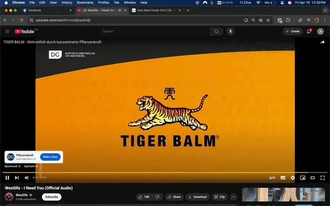 The image displays a YouTube video interface featuring a promotional video for "Tiger Balm." The background is a vibrant orange color, which dominates the visual space. Prominently displayed in the center is the Tiger Balm logo, featuring a stylized tiger in a leaping pose. The tiger is illustrated in shades of orange and black, with distinct stripes and a dynamic posture, conveying a sense of energy and movement. Below the tiger, the text "TIGER BALM®" is written in bold, black letters, emphasizing the brand name.

In the upper left corner, there is a small logo for "DG Doetsch Grether AG," which appears to be the company associated with the product, along with a location designation "CH-4051 Basel." The text in the background, partially visible, appears to be in German, with phrases that suggest a focus on the effectiveness of the product through concentrated plant power.

At the bottom of the image, there is a video player interface showing the play button, a timeline, and options to share, download, or clip the video. The current playtime is indicated as "0:14" with a total duration of "0:15," suggesting this is a short promotional clip. 

In the lower left corner, there is a sponsored label indicating the advertisement is for "tigerbalm.ch," which is likely the official website for the product. 

The surrounding context includes a glimpse of a desktop environment, with browser tabs visible at the top of the screen, indicating that the viewer is accessing this video through a web browser. The tabs include social media and other websites, suggesting a casual browsing experience. 

Overall, the image is focused on the Tiger Balm branding, with clear visual elements that highlight the product's identity and promotional intent.