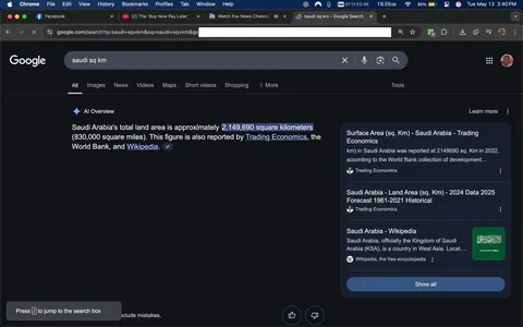 The image displays a Google search results page with a dark theme. At the top, the search bar shows the query "saudi sq km." Below the search bar, there is a highlighted section labeled "AI Overview," which provides information about Saudi Arabia's total land area. The text states that Saudi Arabia's total land area is approximately 2,149,690 square kilometers (830,000 square miles). It notes that this figure is also reported by Trading Economics, the World Bank, and Wikipedia.

To the right of the AI Overview, there are additional search results. The first result is titled "Surface Area (sq. Km) - Saudi Arabia - Trading Economics," indicating that the area was reported as 2,149,690 sq. km in 2022. The second result is titled "Saudi Arabia - Land Area (sq. Km) - 2024 Data 2025 Forecast 1961-2021 Historical," also from Trading Economics. The third result is titled "Saudi Arabia - Wikipedia," which provides a brief description of Saudi Arabia as a country in West Asia.

The background of the page is dark, and the text is primarily white, consistent with a dark mode theme. There are no visible images or graphics in the search results, and the layout is typical of a Google search page, featuring links and snippets of information. The bottom of the page includes a button labeled "Press [1] to jump to the search box," indicating that the page is interactive.

Overall, the image captures a straightforward presentation of search results related to the land area of Saudi Arabia, with no additional visual elements or distractions.