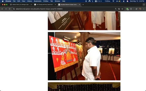 The image consists of three sections, each depicting a different scene related to an event, likely an art exhibition or cultural celebration.

1. **Top Section**: 
   - The upper part of the image shows a person dressed in a white outfit, possibly a kurta or similar traditional attire. The individual is standing on a red carpeted floor, facing a display. The background features several other people dressed in light-colored clothing, indicating a formal or cultural gathering. There is a wooden structure or display stand visible, with a sign that has text, though the text is not legible in the image.

2. **Middle Section**: 
   - The middle section features a man, possibly of South Asian descent, observing a large painting. He is wearing a white shirt and appears to be engaged in looking at the artwork. The painting is predominantly red and features depictions of figures that resemble traditional Buddhist iconography, including a central figure that appears to be a seated Buddha, flanked by two other figures. The artwork includes decorative elements such as waves and flames at the bottom, along with text in a script that is not legible. The painting is mounted on an easel, and there are additional artworks visible in the background, illuminated by soft lighting.

3. **Bottom Section**: 
   - The bottom section is less detailed, primarily showing a dark background with twinkling lights, suggesting a festive atmosphere. The lights are likely part of the event's decor, contributing to a celebratory ambiance.

Overall, the setting appears to be a cultural or religious event, possibly related to Vesak, given the presence of Buddhist artwork. The environment is well-lit, with decorative elements enhancing the visual appeal of the space. The individuals present are dressed in traditional attire, indicating a cultural significance to the gathering.