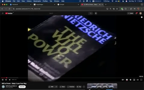 The image displays a close-up of a book titled "The Will to Power" by Friedrich Nietzsche. The book cover is predominantly black with the title "THE WILL TO POWER" printed in large, bold, green letters. The author's name, "FRIEDRICH NIETZSCHE," is positioned at the top of the cover in a lighter blue font, which contrasts with the black background. The text appears to be slightly reflective, suggesting a glossy finish on the cover.

The book is partially obscured, with the right edge cut off from view, indicating that it is not fully centered in the frame. The background is dark, possibly indicating a low-light environment, which enhances the visibility of the book cover. There are no visible people, clothing, or facial expressions in the image, as it focuses solely on the book.

The setting appears to be indoors, possibly on a table or a flat surface, given the angle of the book. There are no additional objects or elements in the frame that provide context about the location or environment. The overall composition emphasizes the book itself, with no distractions from other items or visuals.

The image is part of a video interface, as indicated by the YouTube player controls visible at the bottom of the frame, including a play button, volume control, and a progress bar showing the video duration. The video title is "Will to Power - Baby I Love Your Way," suggesting a connection to music or a performance related to the book's themes. However, no further context about the video content is provided in the image itself.