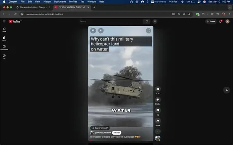 The image displays a YouTube Shorts video interface featuring a military helicopter, specifically a Chinook, hovering above a body of water. The helicopter is predominantly olive green with a distinctive double rotor design. It is positioned in the center of the frame, slightly tilted, suggesting it is in the process of landing or taking off. The background consists of a cloudy sky with shades of gray and blue, and there are trees visible on the shore of the water, indicating a natural setting.

Superimposed on the video is text that reads, "Why can't this military helicopter land on water," positioned at the top of the screen in a bold, white font. At the bottom of the screen, the word "WATER" is displayed in large, white letters, emphasizing the subject of the video. The text is clear and contrasts well with the background, making it easily readable.

On the right side of the screen, there are various interactive elements typical of YouTube, including options to like, dislike, comment, and share the video. The like count is shown as 1.7K, indicating a significant level of engagement. Below the video, there is a search bar with the term "chinook" entered, suggesting that users can search for related content. The interface is dark-themed, consistent with YouTube's design, and the overall layout is clean and user-friendly.

No people are visible in the image, and there are no identifiable brands or logos other than the YouTube interface itself. The focus remains solely on the helicopter and the text overlay, with no additional distractions in the frame. The environmental context suggests a military or aviation-related theme, likely aimed at educating viewers about the capabilities and limitations of military helicopters.