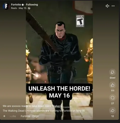 The image features a stylized character from a video game, specifically from the game "Fortnite." The character is depicted in a dynamic pose, holding a wooden bat, suggesting an action-oriented scene. He has a serious expression, with slicked-back dark hair and is dressed in a black leather jacket, which adds to his tough appearance. The character's clothing includes a high collar and a belt with pouches, indicating readiness for combat.

In the background, there are blurred figures that appear to be other characters or players, but they are not clearly defined. The setting seems to be an indoor environment, possibly a dimly lit room or arena, with a hint of a basketball hoop visible in the upper right corner, suggesting a repurposed space for gameplay.

The text overlay at the bottom of the image reads, "UNLEASH THE HORDE! MAY 16," in bold, white letters against a black background, emphasizing the urgency and excitement of the upcoming event. Above this, there is additional text stating, "We are sooooo ready to take down some Walkers," which indicates a theme related to combat against zombie-like creatures, likely referencing the "Walking Dead" universe.

In the top right corner, there is a logo indicating the game's rating, marked as "TEEN" by the ESRB (Entertainment Software Rating Board), which is a standard for video game content ratings. The branding for "Fortnite" is also present, reinforcing the game's identity.

Overall, the image conveys a sense of action and anticipation, with a focus on the character's readiness for battle in a themed event related to the "Walking Dead" franchise.