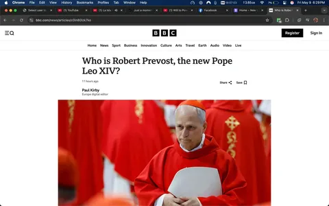 The image displays a webpage from the BBC news site, featuring an article titled "Who is Robert Prevost, the new Pope Leo XIV?" The headline is prominently displayed at the top of the page, followed by a timestamp indicating the article was published 11 hours ago. The author's name, Paul Kirby, is noted as the Europe digital editor.

In the image, there is a photograph of a man dressed in a red robe, which is characteristic of a cardinal in the Catholic Church. He has short, gray hair and is holding a white document or folder in his hands. His expression appears serious and contemplative as he looks slightly downward. The background consists of other individuals dressed in similar red robes, suggesting a religious or ceremonial setting, likely within a church or during a formal event.

The webpage layout includes a navigation bar at the top with options for "Home," "News," "Sport," "Business," "Innovation," "Culture," "Arts," "Travel," "Earth," "Audio," "Video," and "Live." There are also icons for sharing the article and saving it, along with a "Register" and "Sign In" option on the right side.

The overall color scheme of the webpage is predominantly white with red accents, reflecting the theme of the article and the attire of the individuals depicted. The image conveys a formal and significant moment related to the Catholic Church, likely highlighting the appointment of a new pope.
