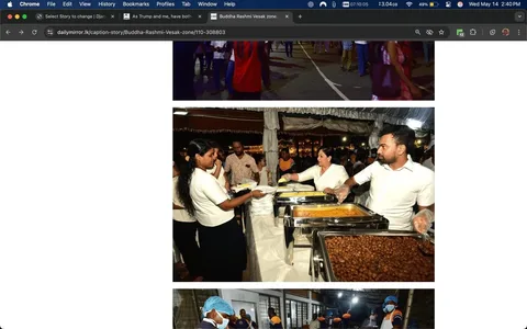 The image consists of three distinct sections, each depicting different scenes.

**Top Section:**
- The top part shows a crowd of people walking along a street. The setting appears to be an outdoor event, likely during the evening, as the lighting is dim but there are visible lights in the background.
- People are dressed in a variety of clothing, with some wearing traditional attire. The crowd is diverse, with individuals of different genders and ages.

**Middle Section:**
- The middle section features a food distribution area. There are several individuals engaged in serving food.
- A woman in a white blouse and black skirt is handing a plate to another person. She has long, dark hair and is smiling. 
- Another woman, also in a white blouse, is serving food from a large tray. She appears to be focused on her task.
- A man in a white shirt is positioned next to her, holding a serving spoon and looking towards the food trays. He has a short beard and is wearing gloves.
- The food is displayed in metal trays, with visible dishes that appear to include rice and possibly a dessert or sweet dish, indicated by the brown color in one of the trays.
- The background features a decorated area with hanging ornaments, suggesting a festive atmosphere.

**Bottom Section:**
- The bottom part of the image shows a different scene, likely in a kitchen or food preparation area.
- A man wearing a blue hairnet and a mask is visible, indicating health and safety protocols. He is looking down, possibly at a task he is performing.
- Other individuals in the background are wearing similar blue hairnets and masks, suggesting they are also involved in food preparation or service.
- The environment appears to be well-lit, with industrial-style lighting and a clean, organized workspace.

Overall, the image captures a community event focused on food distribution, with a festive atmosphere and adherence to health standards in food preparation.