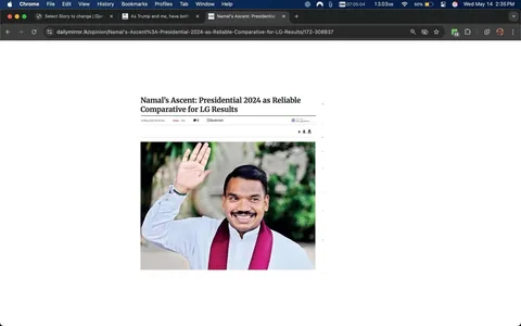The image displays a webpage from the Daily Mirror Online, dated May 14, 2023. The title at the top reads "Namal’s Ascent: Presidential 2024 as Reliable Comparative for LG Results." Below the title, the date and time are noted as "18 May 2023 03:19 PM," with a view count of 724 and options to bookmark the article.

On the left side of the page, there is a photograph of a man waving. He has a broad smile and is wearing a white collared shirt with a traditional red sash draped over his shoulder. His hair is dark and neatly styled. The background of the photo appears to be a blurred outdoor setting with greenery, suggesting a natural environment.

To the right of the photograph, there is a trending news section with a list of headlines. The first headline mentions an incident involving an Algerian girl, followed by updates on various events, including a tragic accident and political news. Each headline is numbered and includes a brief description or context.

The overall layout of the webpage features a clean design with sections for news, opinion, features, and other categories. The background of the webpage is white, with black text for readability. The weather information at the top indicates a temperature of 29°C in Colombo.

No logos or trademarks are prominently displayed in the image, aside from the Daily Mirror branding at the top. The content is structured in a way that highlights current events and opinions, with a focus on political matters.