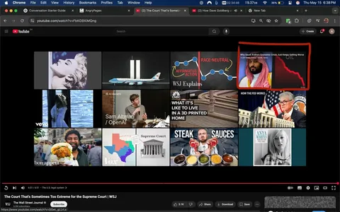 The image displays a YouTube interface featuring a grid of video thumbnails. The background is dark, typical of YouTube's design. 

1. **Video Thumbnails**:
   - The top left thumbnail shows a black-and-white image of a woman with light-colored hair, possibly in a glamorous pose.
   - Adjacent to it is an image of an airplane flying above two tall structures, which resemble the Twin Towers.
   - Below that, there is a thumbnail with a woman in a flowing dress standing by water, with sunlight reflecting off the surface.
   - Next to it, a man is speaking in a casual setting, labeled "Sam Altman / OpenAI."
   - Below that, there is a close-up of a large burger held by a man with a beard, labeled "bon appétit."
   - The next thumbnail features a colorful map of Texas with various shades, alongside a depiction of the Supreme Court building.
   - To the right, there is a thumbnail showing various sauces in bowls, with a man holding a piece of meat.
   - The bottom right corner features a woman with light hair, labeled "Anya Marina."

2. **Text and Labels**:
   - The top right thumbnail has text that reads "Why Saudi Arabia's Economic Crisis Just Keeps Getting Worse" along with the channel name "TLDR News Global" and a view count of 1,600K views.
   - The video titled "The Court That’s Sometimes Too Extreme for the Supreme Court | WSJ" is prominently displayed at the bottom of the screen, with a view count of 5.1K and a subscribe button for "The Wall Street Journal."

3. **User Interface Elements**:
   - The YouTube logo is visible in the top left corner.
   - There are navigation buttons for "File," "Edit," "View," "History," "Bookmarks," "Profiles," and "Tab" at the top of the browser window.
   - The time indicator shows "2:34:46" and the date is noted as "Thursday, May 15, 6:38 PM."
   - The bottom of the screen includes options to "Share" and "Download" the video.

4. **Overall Context**:
   - The layout is typical of a video streaming platform, with a focus on various content types, including news, food, and technology.
   - The thumbnails are colorful and designed to attract viewers' attention, each representing different topics and styles.

This description captures the observable details of the image without speculation or interpretation.