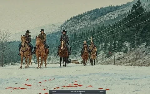 The image depicts a snowy landscape with a group of individuals on horseback. The scene is set on a road that is covered in snow, with a backdrop of mountains and dense evergreen trees. The sky appears overcast, contributing to a muted color palette.

In the foreground, there are five riders on horseback. The horses are of varying colors: two are white, one is a light tan, and the others are brown. The riders are dressed in winter clothing suitable for cold weather. 

1. **Rider on the left**: This individual is on a white horse and is wearing a dark hat, a long coat, and appears to be looking towards another rider. The horse has a saddle and bridle.

2. **Second rider**: This person is also on a white horse, wearing a plaid jacket and a hat. They are positioned slightly behind the first rider and appear to be engaged in conversation.

3. **Third rider**: This individual is on a brown horse and is wearing a cowboy hat, a dark coat, and has a serious expression. They are positioned centrally in the group.

4. **Fourth and fifth riders**: These two riders are on brown horses and are dressed in warm, layered clothing. They are positioned behind the central rider and appear to be looking ahead.

The ground in front of the horses shows patches of red, possibly indicating blood, which contrasts starkly with the white snow. In the background, there is a signpost, though the text on the sign is not legible. A vehicle, possibly abandoned, is partially visible on the side of the road.

Overall, the setting conveys a sense of isolation and tension, with the natural landscape and the riders' attire suggesting a cold, possibly harsh environment. The image captures a moment of stillness in a potentially dramatic narrative context.
