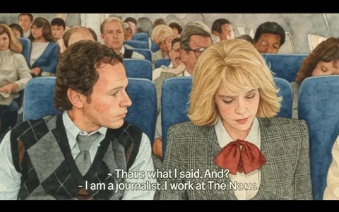 The image depicts a scene from an airplane interior, featuring two main characters seated next to each other. 

**Visible Text:**
- The dialogue displayed at the bottom reads:
  - "- That's what I said. And?"
  - "- I am a journalist. I work at The News."

**People:**
- **Character on the Left:** 
  - Male, with short, dark hair and a slight wave. 
  - He is wearing a gray and black argyle vest over a white shirt, complemented by a tie. 
  - His expression appears focused as he engages in conversation with the woman next to him.

- **Character on the Right:** 
  - Female, with shoulder-length, wavy blonde hair. 
  - She is dressed in a plaid blazer with a white blouse underneath, featuring a prominent red bow tie at the collar. 
  - Her gaze is directed downward, suggesting she is either reading or contemplating something.

**Background:**
- The airplane cabin is filled with passengers, many of whom are seated in rows behind the two characters. 
- The seats are upholstered in a blue fabric, and the overhead compartments are visible, indicating a commercial flight setting.
- Several passengers in the background appear to be engaged in various activities, such as reading or resting, with some looking towards the front of the cabin.

**Setting:**
- The environment is clearly an airplane, as indicated by the seating arrangement and the presence of other passengers. 
- The lighting is soft, typical of an aircraft interior, and the overall atmosphere suggests a casual conversation taking place amidst air travel.

This description captures the observable details without inferring emotions or relationships, focusing solely on the visual elements present in the image.