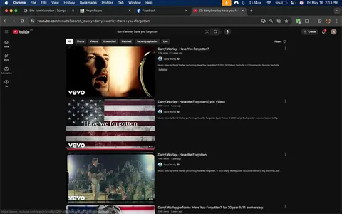 The image displays a screenshot of a YouTube search results page with a dark theme. The top section shows the YouTube logo in the upper left corner, followed by a search bar containing the query "darryl worley have you forgotten." Below the search bar, there are various filters such as "All," "Shorts," "Videos," "Unwatched," "Watched," "Recently uploaded," and "Live," which are visible in white text against the dark background.

The search results feature several video thumbnails related to the query. The first thumbnail on the left shows a close-up of a man singing, with a bright light illuminating his face. The thumbnail has a "vevo" logo in the bottom left corner. The title of the video is "Darryl Worley - Have You Forgotten?" with a view count of "12M views" and a timestamp indicating it was uploaded "15 years ago."

The second thumbnail features an American flag with the text "Have we forgotten" overlaying it. This video is titled "Darryl Worley - Have We Forgotten (Lyric Video)" and has "298K views" with a timestamp of "1 year ago."

The third thumbnail shows a performance scene with a man playing guitar in front of an audience, possibly in a military setting. This video is titled "Darryl Worley - Have We Forgotten" with "104K views" and also uploaded "1 year ago."

The fourth thumbnail depicts a similar performance scene with soldiers in the background. It is titled "Darryl Worley performs 'Have You Forgotten?' for 20 year 9/11 anniversary" and has "234K views."

The overall layout of the page is structured, with thumbnails arranged vertically, and each video includes its title, view count, and upload date. The background is predominantly dark, enhancing the visibility of the white text and colorful thumbnails. The interface includes navigation options on the left side, labeled "Home," "Shorts," "Subscriptions," and "You," among others.