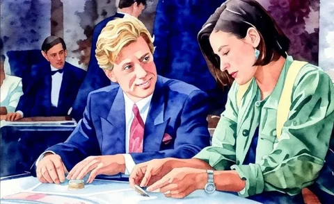 The image depicts a scene set in a casino environment, with a focus on two individuals seated at a gaming table. 

**Individuals:**
1. **Man**: He has light brown, wavy hair styled in a loose manner. He is wearing a dark suit with a white dress shirt and a tie that appears to have a subtle pattern, possibly in shades of red or burgundy. His expression is relaxed and slightly amused as he looks at the woman next to him. He has a light beard and is leaning slightly forward, resting his hands on the table.
   
2. **Woman**: She has dark hair styled in a bob cut, with a side part. She is wearing a greenish jacket over a black top, and her attire appears casual yet stylish. She is focused on the table, with her head slightly tilted down, and her expression is serious or contemplative. She has a watch on her left wrist and is holding some chips in her hands.

**Setting:**
- The background shows a casino atmosphere with dim lighting and other patrons visible in the distance. There are people dressed in formal attire, including a man in a tuxedo and a woman in a white outfit, suggesting a high-end casino environment.
- The table they are at has a green felt surface, typical of gaming tables, with various chips and possibly a betting layout visible. 

**Objects:**
- The table features several stacks of chips, which are round and vary in color, indicating different values. The chips are arranged in front of both individuals, suggesting they are engaged in a game.

Overall, the scene captures a moment of interaction between the two individuals in a lively casino setting, with a focus on their expressions and the gaming activity taking place.