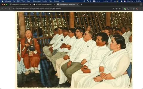 The image consists of three distinct sections, each depicting a different scene.

**Top Section:**
- The top part of the image features a decorative setting with illuminated elements. There are statues or figures that appear to be golden, likely representing religious or cultural icons. The background is adorned with colorful lights, creating a festive atmosphere. The lighting suggests that this may be an evening event.

**Middle Section:**
- The middle section shows a group of people seated in a semi-circle. They are dressed predominantly in white clothing, which may indicate a formal or ceremonial occasion. 
- The individuals include a monk or spiritual leader, who is seated slightly apart from the others. This person is wearing traditional robes, which are brown and orange, and is holding a stick or staff. The monk has a calm expression and appears to be engaged in the event.
- The other attendees are men and women, with some wearing white shirts and others in white saris. Their expressions are neutral, and they are looking towards the front, possibly listening to a speaker or presentation. The setting appears to be indoors, with wooden elements in the architecture and decorative lights in the background.

**Bottom Section:**
- The bottom part of the image features a group of people gathered around a painting or artwork displayed on a wall. The artwork appears to depict a historical or religious figure, possibly a statue or bust, illuminated by a light above it.
- The individuals in this section are dressed in a mix of formal and casual attire, with some wearing traditional clothing. They seem to be engaged in conversation or observing the artwork. The environment is well-lit and appears to be part of the same venue as the middle section, with wooden beams and a modern design.

Overall, the image captures a cultural or religious event, likely related to Buddhism, given the presence of the monk and the setting. The atmosphere is respectful and formal, with attendees dressed appropriately for the occasion.